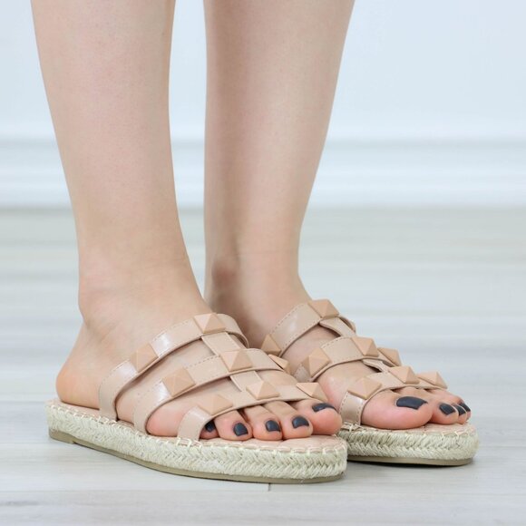 Nude Quilted Pattern Espadrille Trendy Comfy Flat Sandal Slip On Sliders - Picture 4 of 15